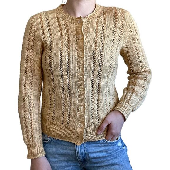 Vintage Womens Hand Knit Pastel Yellow Wool Lace Cable Dainty Cardigan Sz M - Picture 5 of 7